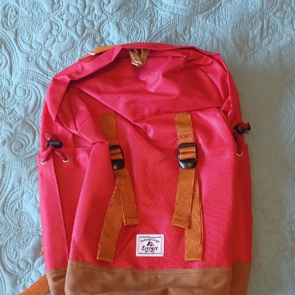 Red and Brown Classic Backpack with Leather Accents